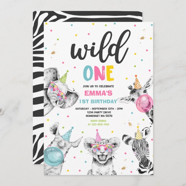 Wild One Birthday Gold Safari Jungle Animals Party Invitation (Front/Back)