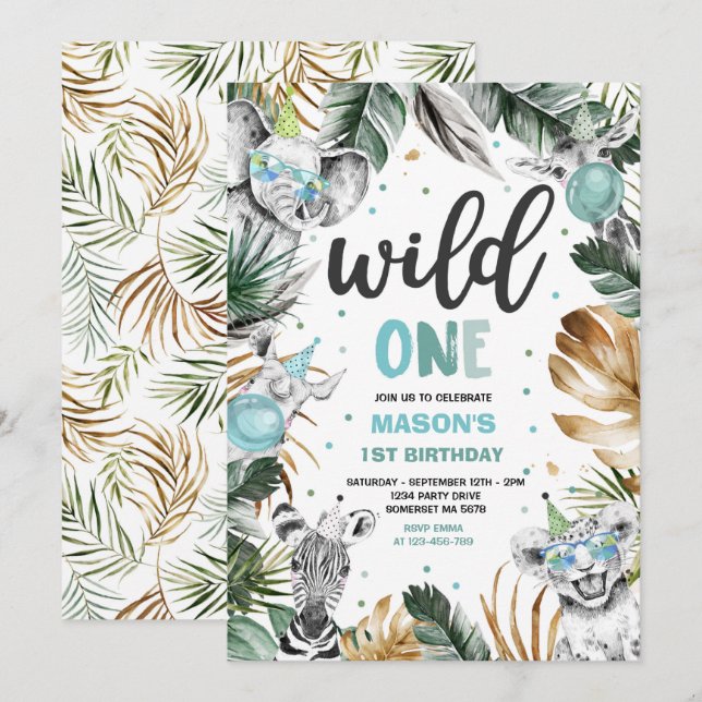 Wild One Birthday Gold Safari Jungle Animals Party Invitation (Front/Back)