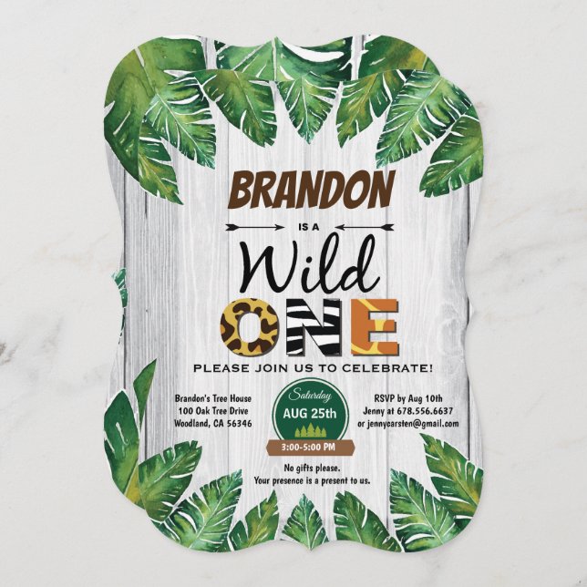 Wild One birthday invitation. Boy jungle theme Invitation (Front/Back)