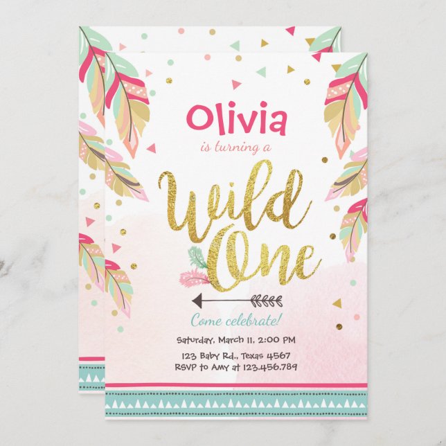 Wild One birthday invitation First birthday Girl (Front/Back)