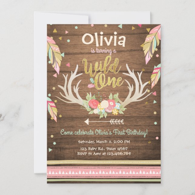 Wild One birthday invitation First birthday Girl (Front)