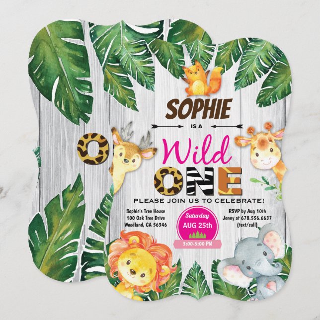 Wild One birthday invitation. Girl jungle safari Invitation (Front/Back)