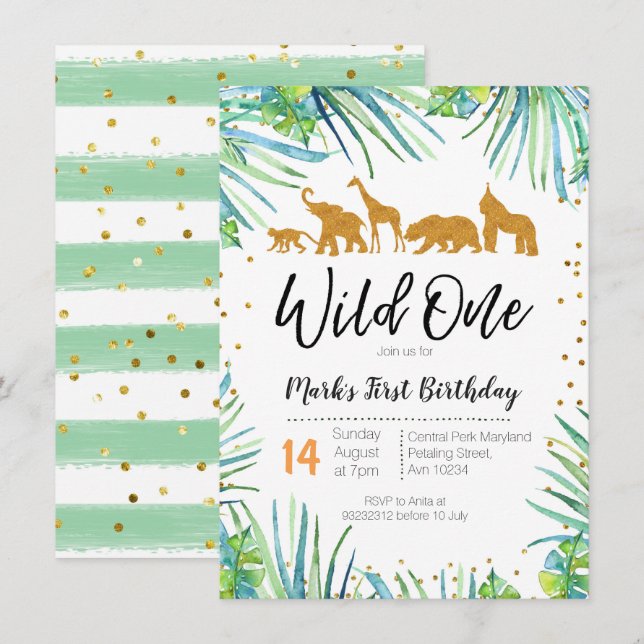 Wild One Birthday Invitation Jungle Animals Party (Front/Back)