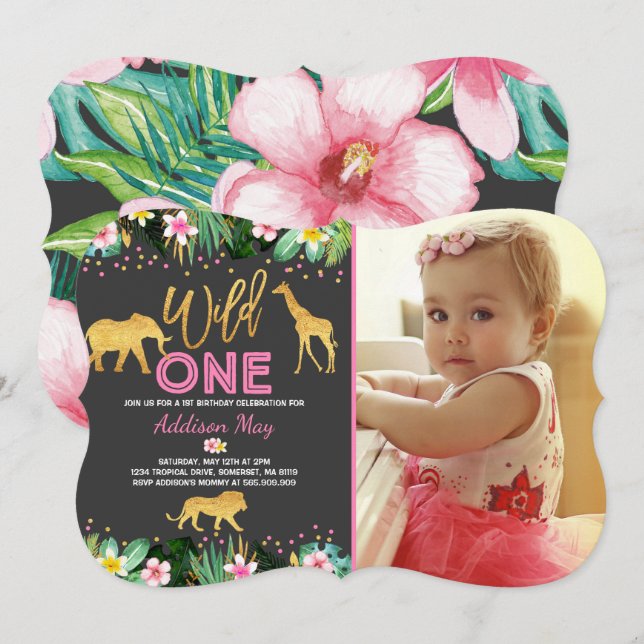 Wild One Birthday Invitation Jungle Animals Party (Front/Back)