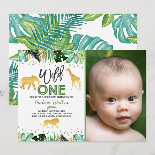 Wild One Birthday Invitation Jungle Animals Party (Front/Back)
