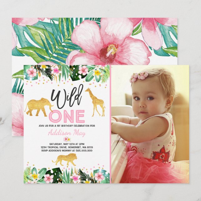 Wild One Birthday Invitation Jungle Animals Party (Front/Back)