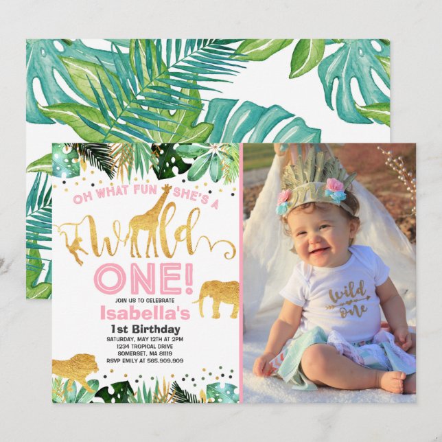 Wild One Birthday Invitation Jungle Animals Party (Front/Back)