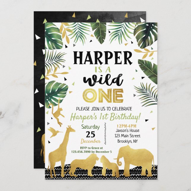 Wild One Birthday Invitation Jungle Animals Party (Front/Back)