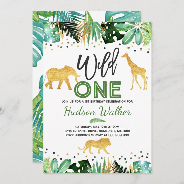 Wild One Birthday Invitation Jungle Animals Party (Front/Back)