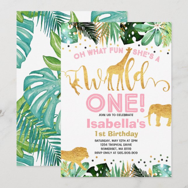 Wild One Birthday Invitation Jungle Animals Party (Front/Back)
