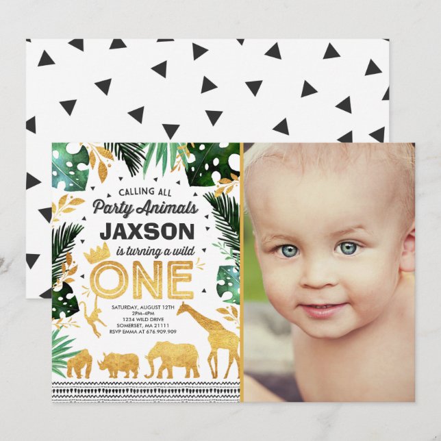 Wild One Birthday Invitation Jungle Animals Party (Front/Back)