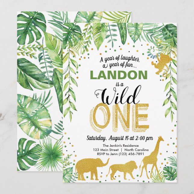 Wild One Birthday Invitation Jungle Safari Animals (Front/Back)