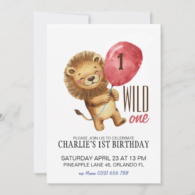 Wild One Birthday Invitation, Lion 1st Birthday  Invitation (Front)