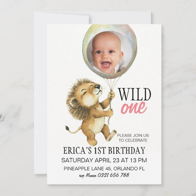 Wild One Birthday Invitation, Lion 1st Birthday  Invitation (Front)