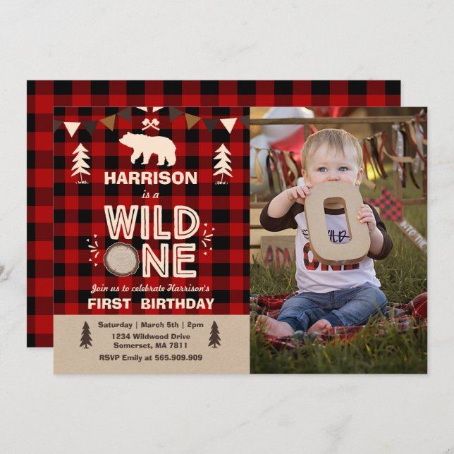 Wild One Birthday Invitation Lumberjack Wild One (Front/Back)