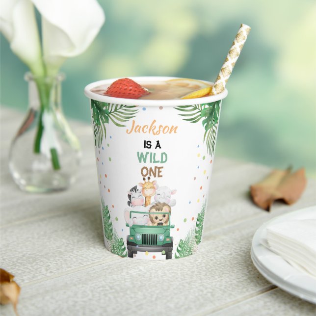 Wild One Birthday Invitation Safari Animals Balloo Paper Cups (Insitu)