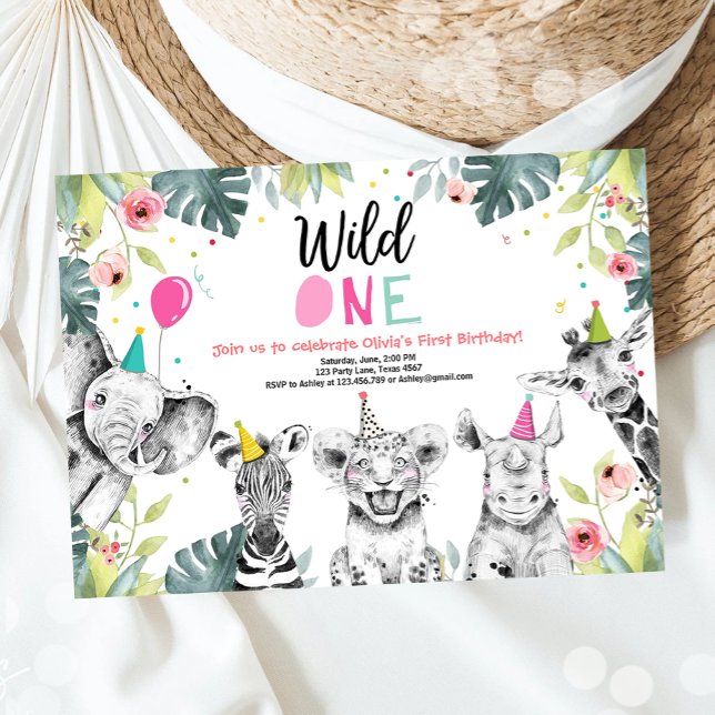 Wild One Birthday Invitation Safari Girl Animals (Creator Uploaded)