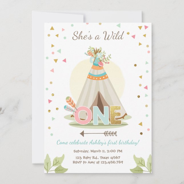 Wild One birthday invitation Teepee Boho Girl (Front)