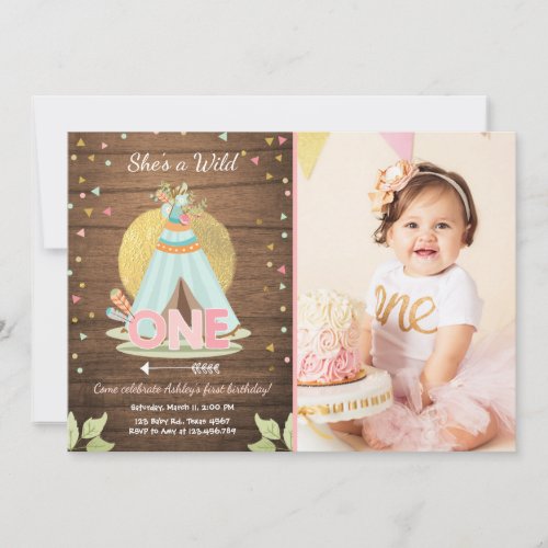 Wild One birthday invitation Teepee Boho Girl Wood