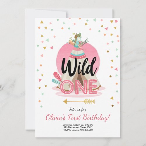 Wild One Birthday Invitation Teepee Boho Girl Wood