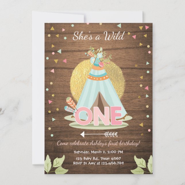 Wild One birthday invitation Teepee Boho Girl Wood (Front)