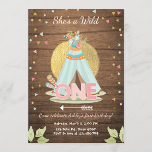 Wild One birthday invitation Teepee Boho Girl Wood