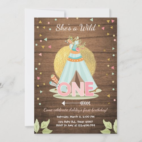 Wild One birthday invitation Teepee Boho Girl Wood