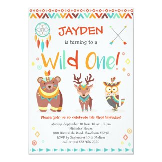Wild One Birthday Invitation, Tribal Woodland Card