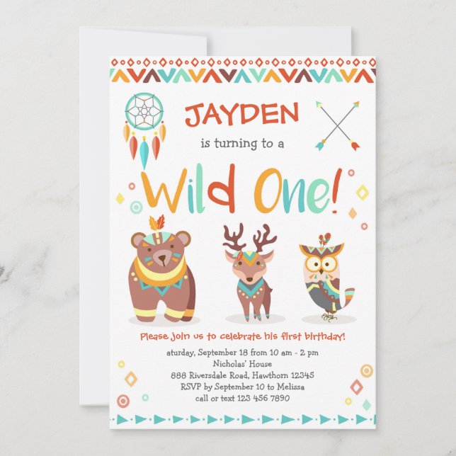 Wild One Birthday Invitation, Tribal Woodland Invitation (Front)