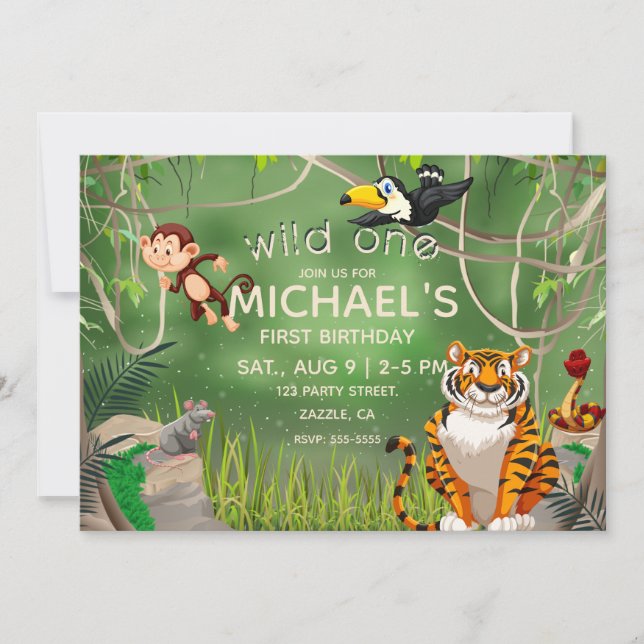 Wild One Birthday Jungle Animals Party Invitation (Front)