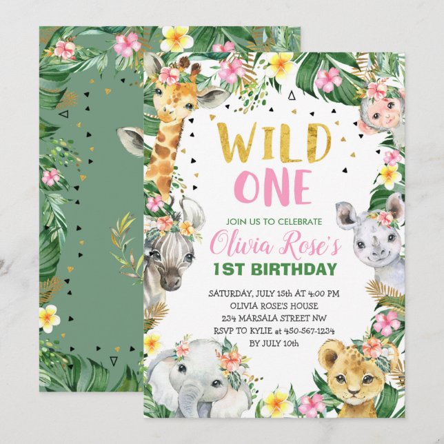 Wild One Birthday Jungle Safari Invitation (Front/Back)