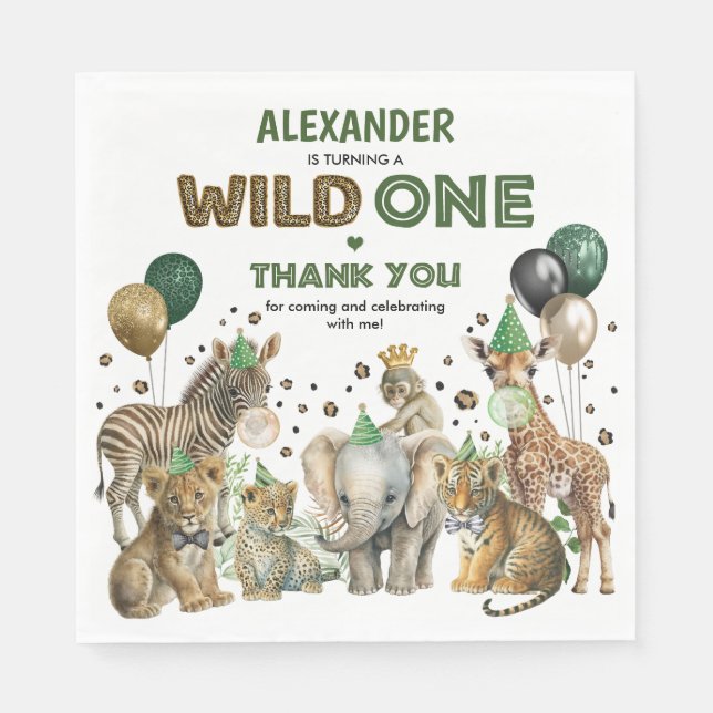 Wild One Birthday Jungle Safari Party Animals Napkins (Front)