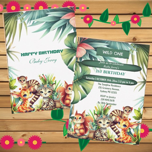 Wild One Birthday Jungle Safari Tropical Greenery  Invitation (Wild One Birthday Jungle Safari Tropical Greenery Invitation)