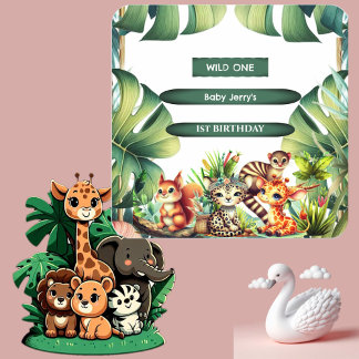 Wild One Birthday Jungle Safari Tropical Greenery  Square Sticker