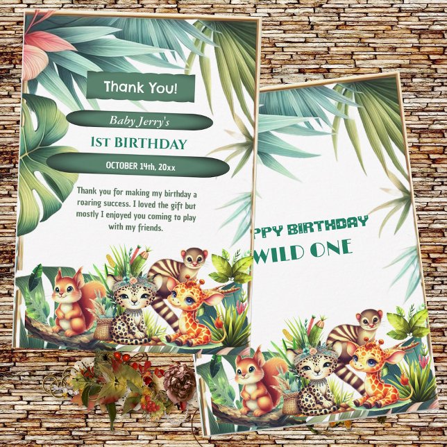 Wild One Birthday Jungle Safari Tropical Greenery  Thank You Card (Wild One Birthday Jungle Safari Tropical Leaves Greenery Thank You Card)
