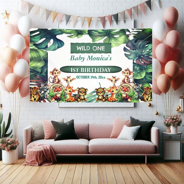 Wild One Birthday Jungle Safari Tropical Leaves Banner (Wild One Birthday Jungle Safari Tropical Leaves Banner)