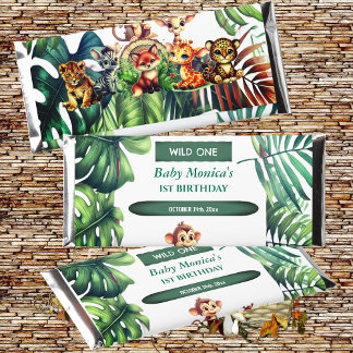 Wild One Birthday Jungle Safari Tropical Leaves Hershey Bar Favors