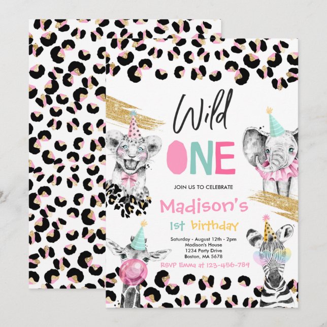 Wild One Birthday Leopard Print Safari Animals Invitation (Front/Back)