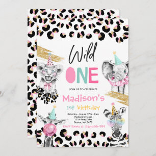 Wild One Birthday Leopard Print Safari Animals Invitation