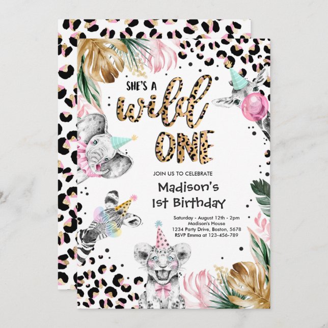 Wild One Birthday Leopard Print Safari Animals Invitation (Front/Back)