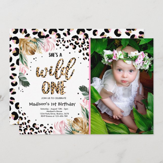Wild One Birthday Leopard Print Wild Jungle Party Invitation (Front/Back)