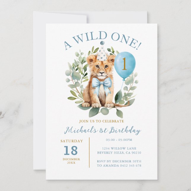 Wild One Birthday Lion Boy Birthday Floral Bow tie Invitation (Front)