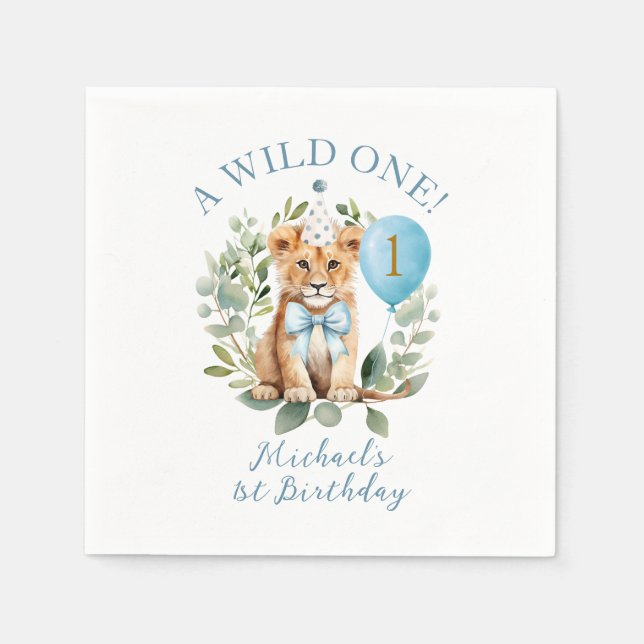 Wild One Birthday Lion Boy Birthday Floral Bow tie Napkins (Front)