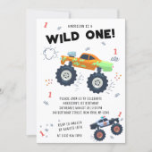 Wild One Birthday Modern Kids Monster Car Trucks Invitation (Front)