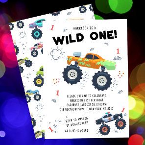 Wild One Birthday Modern Kids Monster Car Trucks Invitation