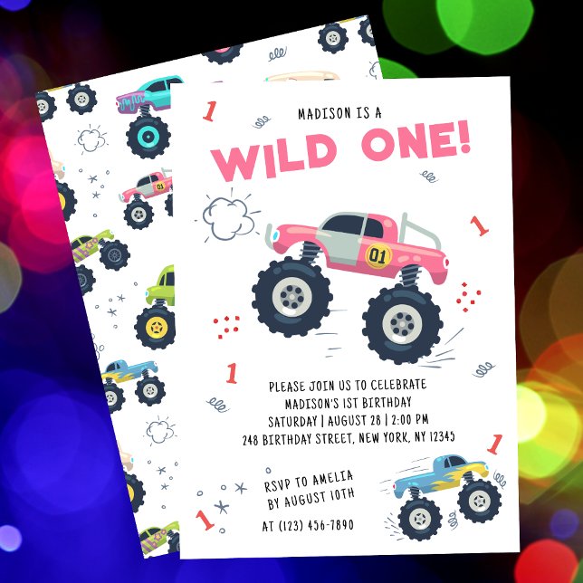Wild One Birthday Modern Kids Monster Car Trucks Invitation (Creator Uploaded)