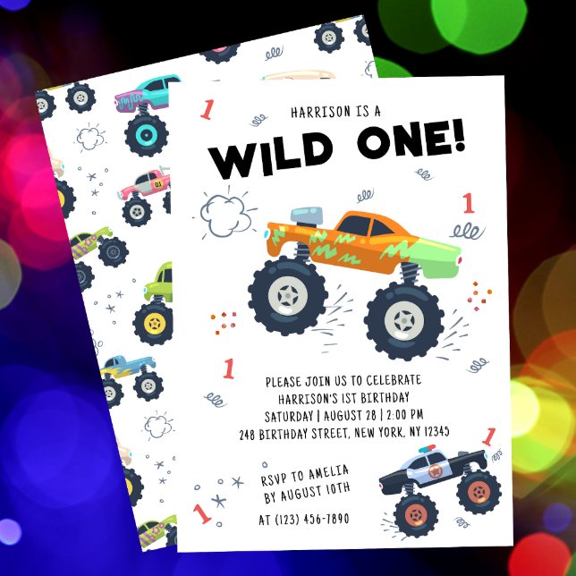 Wild One Birthday Modern Kids Monster Car Trucks Invitation