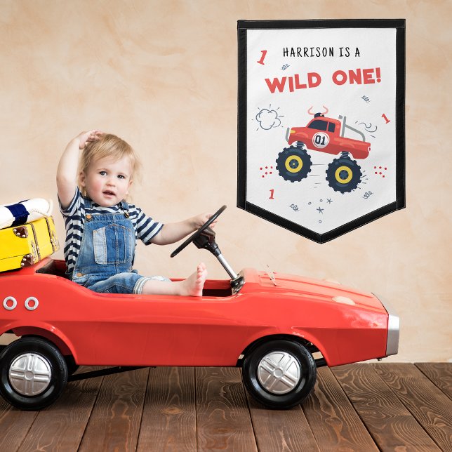 Wild One Birthday Modern Kids Monster Car Trucks Pennant (Creator Uploaded)