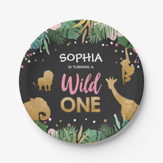 Wild one birthday Paper Plates Safari Animals Girl (Front)