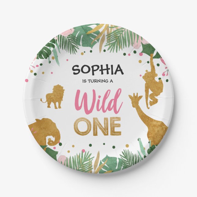 Wild one birthday Paper Plates Safari Animals Girl (Front)